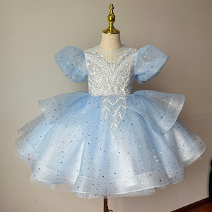 Abito Estivo Corto di Alta Qualità con Maniche a Sbuffo e Stampa di Stelle con Paillettes per Bambine, Outfit per Compleanno e Esibizioni di Pianoforte - Product Image 1