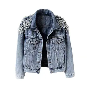 Jaqueta jeans para motocicleta, casaco em jeans com pérolas, bordado sob encomenda, para mulheres, primavera/outono, 2022