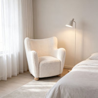 Fauteuil d'appoint CARLFORD avec pieds en bois et accoudoirs, imitation laine de mouton, pour salon, chambre, appartement