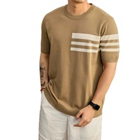 Nouvelle chemise d'été pour homme à manches courtes en maille rayée, coupe ajustée en soie glacée