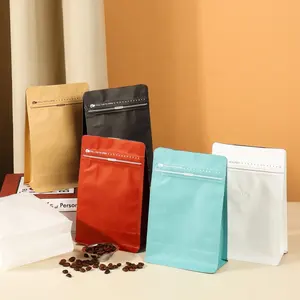 Kantong kemasan plastik dasar datar kustom dapat didaur ulang kantong kopi kraft kantong ritsleting kertas kraft katup paket kopi kantong biji