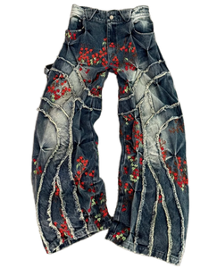 Jean Y2K de haute qualité, coupe bootcut, ample, jambe large, effet usé, broderie, coupes et coutures, streetwear, denim, délavé, vintage - Product Image 1
