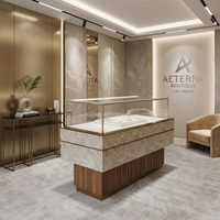 Vitrine sur pied en bois moderne personnalisée avec base en laiton doré, présentoir à bijoux en verre pour comptoir de centre commercial, kiosque pour boutique de montres