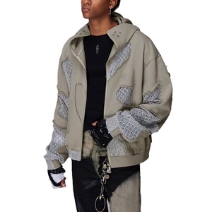 Veste unisexe pour homme en molleton 100% coton, coupe ample, avec fermeture éclair personnalisée, effet vieilli, bords bruts et patchwork en tissu mesh - Product Image 4