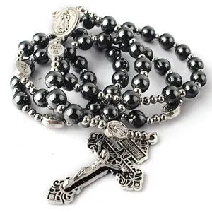 8mm Hematite Rosary Beads with Stainless Steel Beads and Divine Mercy Glory Beads Rosary Necklace with Pardon Crucifix for Men