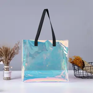 Benutzer definierte gedruckte Logo Clear PVC Schulter Hologramm Einkaufstaschen Frauen Griff Tasche