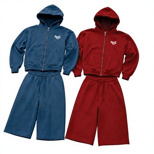 Premium Casual Custom <b>Men</b> <b>Red</b> Zip <b>Fleece</b> Hoodie Shorts Set Oversized <b>Fleece</b> Sweatshirt Co Ord Casual Streetwear Wholesale Hoodie - Product Image 6