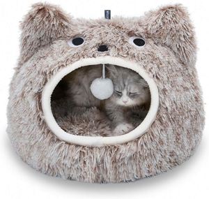 Free Sample Cat Beds for Indoor Cats, <b>Plush</b> Self Warming Cat Bed Cave, <b>Large</b> Hooded Cat Cave with Fluffy Hanging Ball - Product Image 1
