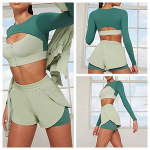 YNSEA Tuta Sportiva da <span class=keywords><strong>Donna</strong></span> Due Pezzi con Maniche Lunghe e Dettaglio Sexy Traforato, <span class=keywords><strong>Pantaloncini</strong></span> con Zip Frontale a Contrasto di Colore, Abbigliamento per Corsa, Palestra e Danza - Product Image 3