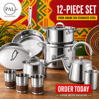 PONEL NOUVEAU Ensemble de cuisine 12 pièces en acier inoxydable 304 avec bouilloire, infuseur, casserole, poêle et tasses à double paroi