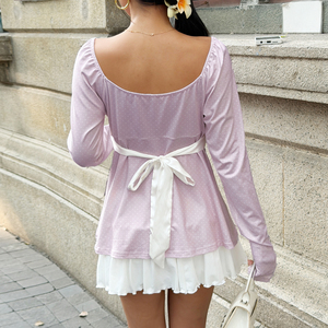 T-shirt femme printemps-été 2026, écologique, respirant, tricoté, coupe ajustée, imprimé à pois mignon, à volants, manches longues - Product Image 3