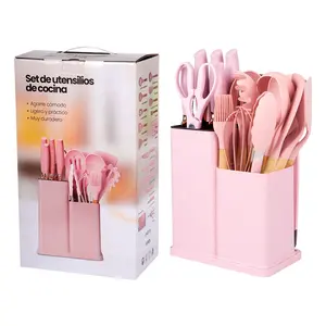 Commercio all'ingrosso 19 pezzi accessori da cucina Non bastone spatola in Silicone utensili da cucina Set con manico in legno