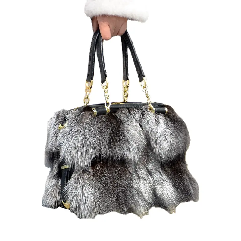 MWFur Luxury Handbag Genuine Silver Fox fur with Cow Leather Lady's Bag Women One-shoulder Fluffy Real Fox Fur Bag For Lady