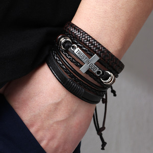 Conjunto de pulseras de cuero trenzado de varias hebras con colgante de confianza en Dios, regalo unisex, joyería - Product Image 3