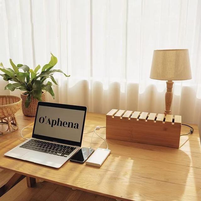 Bamboo Cable Management Box Home Computer Desk Data Cable Organizer Rectangular Wooden Power Strip Storage with Accessory