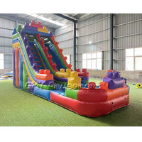 Équipement de location pour fêtes : Toboggan aquatique gonflable commercial de 18 pieds, bleu marbre et rouge, pour enfants, avec château gonflable et toboggans aquatiques