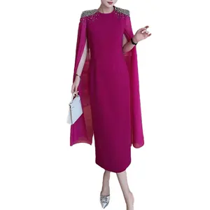Custom 2024 Midi Long Sleeve Beaded Evening Dresses Women Lady Elegant Long Female Party Dress