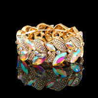 Bracelet élastique en alliage de luxe en forme de feuille, entièrement orné de zircons, tendance et polyvalent, vente chaude HL OEM/ODM, idéal pour un cadeau