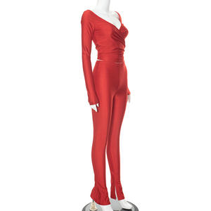 วิวิบลูค G22ST201 ชุดเซ็ตสองชิ้นสำหรับผู้หญิงใหม่ เสื้อคอวีไขว้สีพื้นแขนยาว กางเกงขายาว ชุดลำลอง - Product Image 3