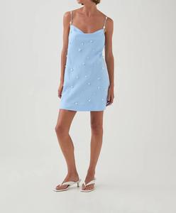 Mini <span class=keywords><strong>Abito</strong></span> in Tessuto Intrecciato con Contrasto in Pizzo <span class=keywords><strong>Azzurro</strong></span>, Vita Naturale, per Vacanze al Mare, Moda Femminile Elegante - Product Image 6