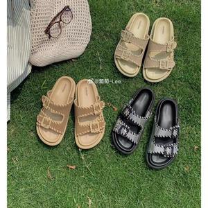 Sandalias de Verano para Mujer Estilo Birkenstock, Punta Abierta, Doble Hebilla, Suela Gruesa, Pantuflas de Alta Calidad - Product Image 1