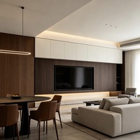 Meuble TV mural moderne en mélamine, finition placage noyer symétrique, pour rénovation complète de maison, avec charnières à fermeture douce et respectueux de l'environnement
