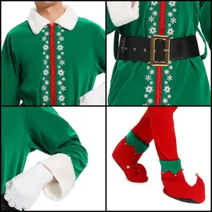 6PCS 남자의 녹색 크리스마스 엘프 의상 폴리에스터 바지 세트 코스프레 파티 재미있는 Xmas 남자의 복장을위한 봐