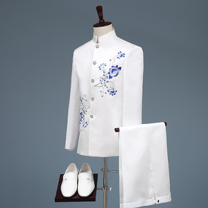 2024 nouveaux hommes Zhongshan <span class=keywords><strong>costume</strong></span> ensemble simple boutonnage plat avant <span class=keywords><strong>bleu</strong></span> <span class=keywords><strong>blanc</strong></span> porcelaine <span class=keywords><strong>mariage</strong></span> hôte <span class=keywords><strong>costume</strong></span> pour scène chœur Performance - Product Image 3
