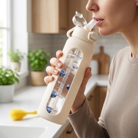 Bouteille d'eau en verre borosilicate Chunmo 32 oz (2 L) anti-fuite avec 2 couvercles (bec verseur et paille), manchon en silicone et design motivant pour boissons chaudes