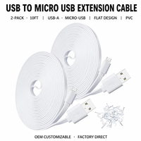 Kabel Ekstensi USB ke Micro USB 10FT 2 Buah Kabel PVC Pipih Panjang untuk Kamera Keamanan Headset VR Pengontrol Game
