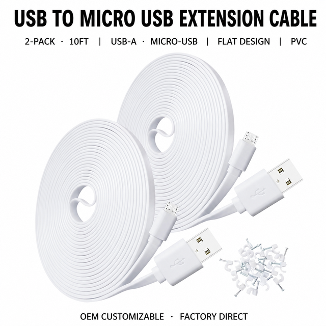 USB to Micro USB Extension Cable 10FT 2 Pack Flat PVC Long Cord for Security Camera VR Headset Game Controller