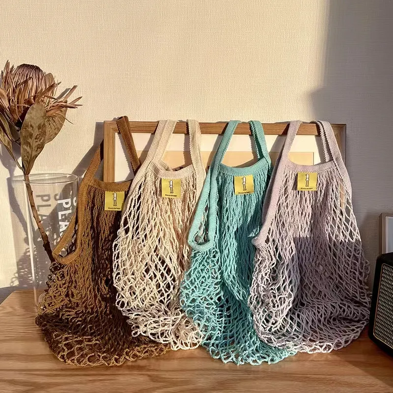 Short Handle Long Handle Colorful Cotton Mesh Net Drawstring Bag Custom Logo Fruit and Vegetable Storage Bag