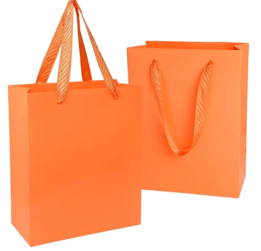 Bolsas de regalo naranjas Bolsas de regalo de papel impermeables con acabado brillante con asas