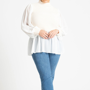 Elegante Top a Collo Alto 2-<span class=keywords><strong>in</strong></span>-1 per Donne Taglie Forti, Gilet <span class=keywords><strong>in</strong></span> <span class=keywords><strong>Maglia</strong></span> a Costine Bianco con Maniche Regolari e Peplum, Blusa Invernale Vintage - Product Image 2