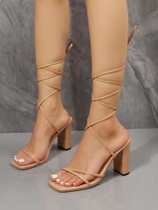 Sandales à talons hauts sexy à lacets croisés avec amorti pour femme, grande taille, bout carré, tendance mode été - Product Image 6