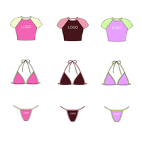 Dames 3-delige badpak met aangepast logo, blok raglan korte mouw, crop top, omslagjurk, halter, driehoekige bikini set, dames badpak