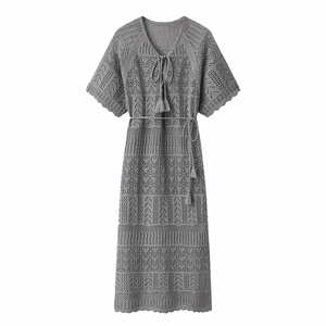 OEM مخصص المرأة الصيف فضفاضة بأكمام قصيرة خفيفة محبوك البلوز اللباس نمط الصلبة مع الخصر الطبيعي شعار مخصص - Product Image 5