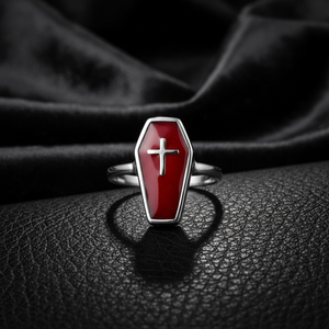 Anillo Punk Gótico de Cruz de Ataúd de Acero Inoxidable 316 para Hombre, Esmalte Rojo, Tono Plateado Pulido, Diseño Audaz Oscuro y Rebelde, Uso Diario - Product Image 1
