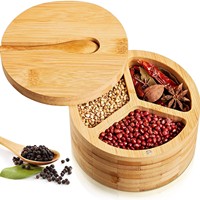 Récipient de stockage d'épices de cuisine en bois rotatif à 3 grilles fermeture magnétique boîtes à épices divisées en bambou bols à sel/poivre couvercle pivotant
