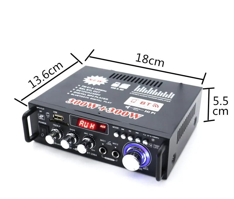 BT-298A 디지털 HIFI 오디오 스테레오 파워 앰프 300W + 300W 블루투스 앰프 12V/ 220V