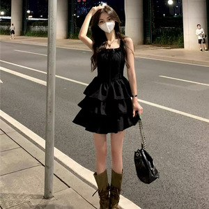 French Style Black Slip Dress Off Shoulder Ruffles Waist Cinching Princess Puffy Skirt Summer 2026 Daily Wear - Product Image 1