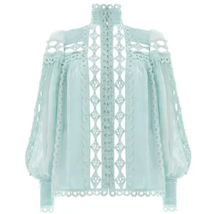 custom women blouse 2023 handmade lace Advanced technology puff sleeves blouse tops women blouses elegant tops
