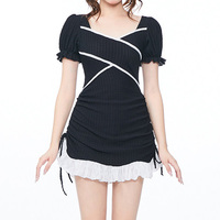 Robe mini moulante pour femme à col carré, manches bouffantes, color block, taille froncée avec cordon de serrage et volants, style Daily Date Custom