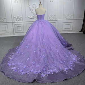 Purple <b>Glitter</b> Lace Appliqued Chiffon <b>Ball</b> Gown Natural Sweetheart Neck Watteau Train Vintage Built-in Bra Evening Party Dresses - Product Image 6