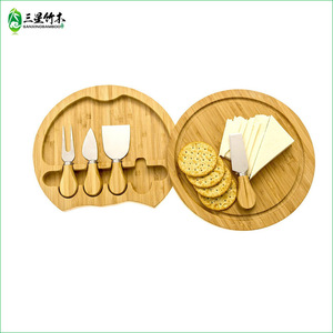 Bamboo <b>cheese</b> cutting board and <b>knife</b> <b>set</b>, round <b>cheese</b> cutting board <b>set</b> with rotation, cooked food plate and cutting board. - Product Image 2