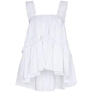 New Design Summer Wear Sleeveless Nylon Tiered Ruffle Top White Top Ladies' Blouses And Tops For Women With Square Neck