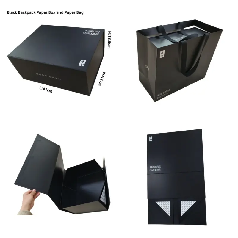Tùy chỉnh sang trọng hộp giấy màu đen gấp hình chữ nhật hình dạng ba lô túi xách với từ nắp đóng cửa cho giày Quà Tặng dập thiết kế