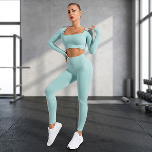 Conjunto de Yoga Verde Menta de 2 Piezas, Top Corto de Manga Larga con Cuello Cuadrado, Leggings Largos de Cintura Alta, Spandex y Poliéster, Ropa Deportiva - Product Image 1