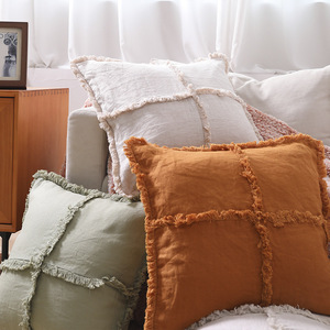 Housse <span class=keywords><strong>de</strong></span> coussin carrée <span class=keywords><strong>en</strong></span> <span class=keywords><strong>lin</strong></span> à bords frangés, idéale pour canapé, lit et décoration <span class=keywords><strong>de</strong></span> salon - Product Image 2