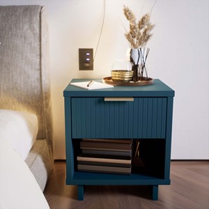Nightstand In Midnight Blue With Drawer And <b>Open</b> Shelf <b>Storage</b> <b>Unit</b> For Bedroom Or Living Room - Product Image 2